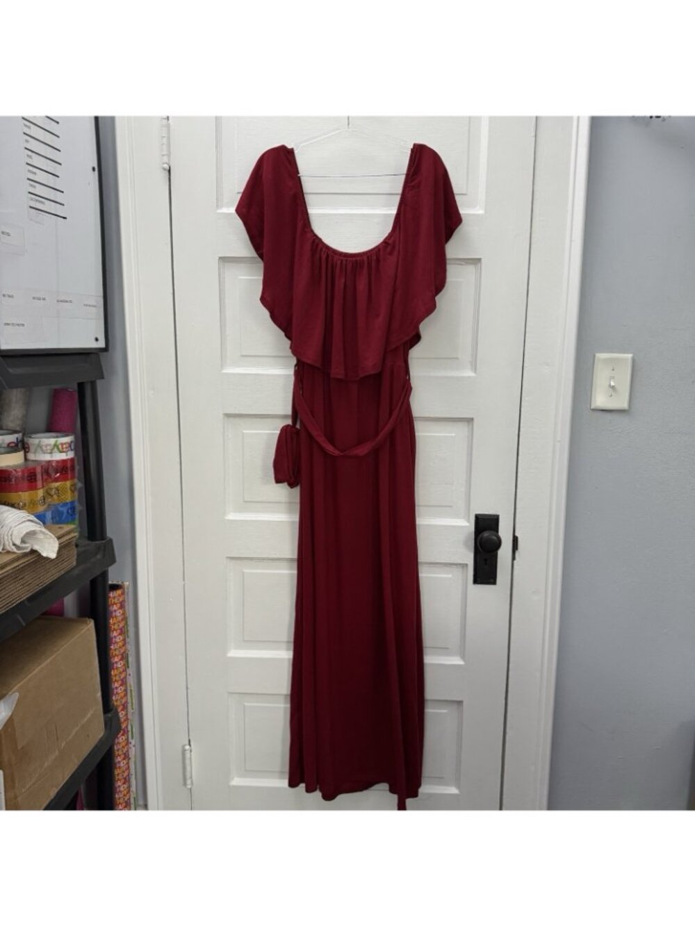 Pinup Fashion Burgundy Off Shoulder Maxi Dress Flutter Sleeve Belted 18 - Picture 7 of 12